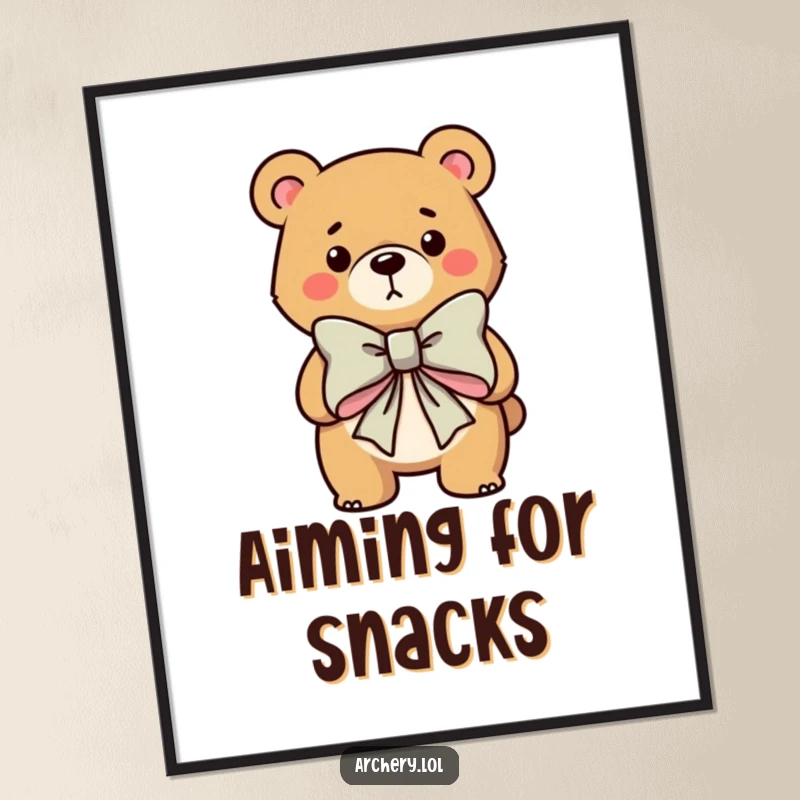 Funny poster art of a determined bear character holding a large bow, ready to shoot, adding humorous decor for archery enthusiasts.