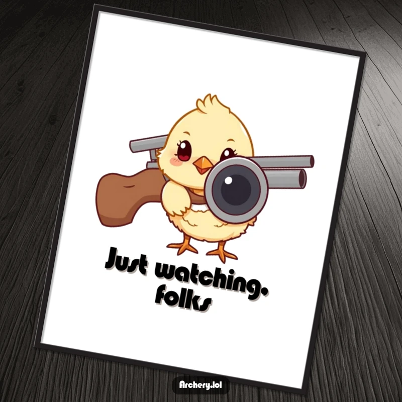 Funny poster art of a curious chick peeking from behind an arrow quiver, showcasing humorous curiosity and cuteness for decor.