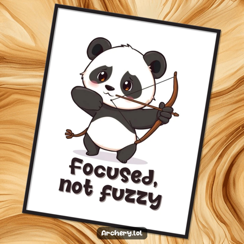 Funny poster art of a determined panda drawing its bow with a focused gaze, embodying intense concentration with humor.