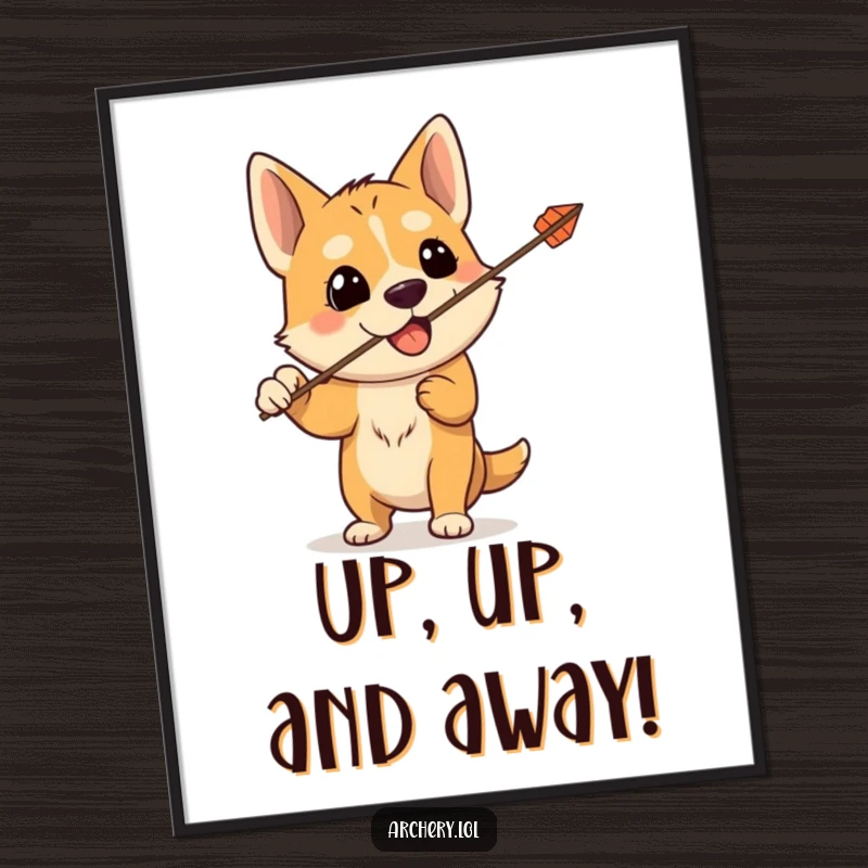 Funny poster featuring a silly dog with a bow, the arrow accidentally launched upwards, depicting a humorous and chaotic archery scene.