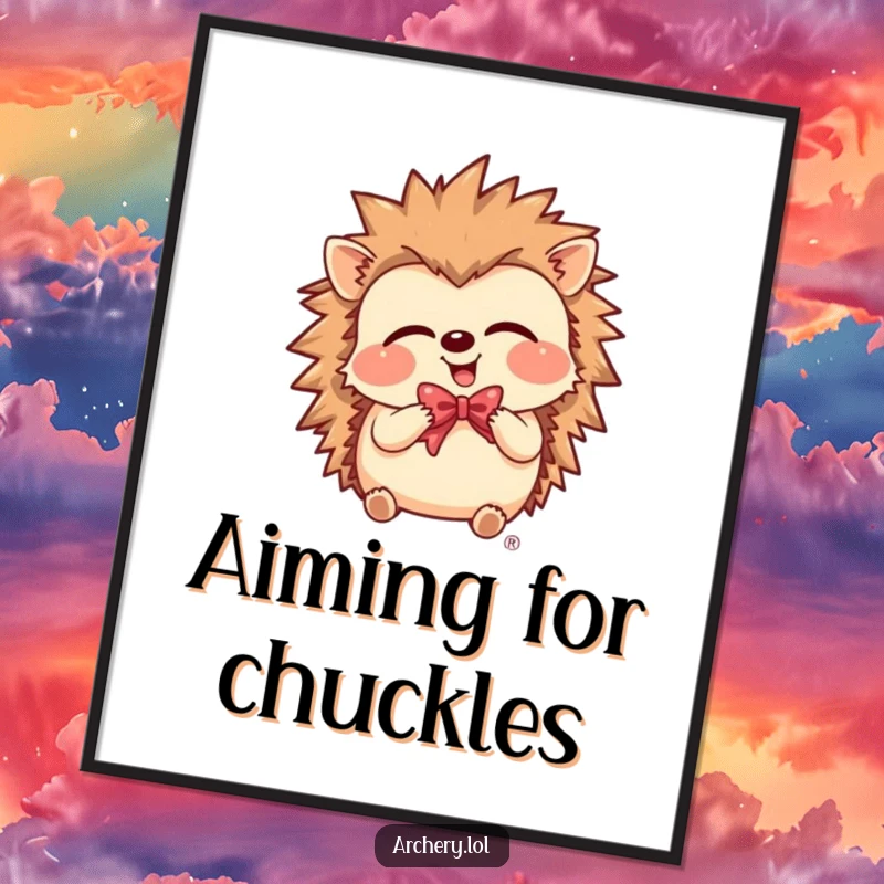 Funny Poster of a giggling hedgehog holding a bow, capturing a moment of pure archery delight.