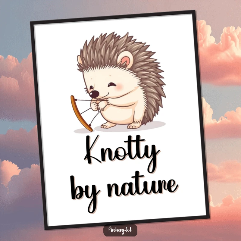 Funny poster art of a curious hedgehog concentrating hard on stringing a very small, intricate bow.