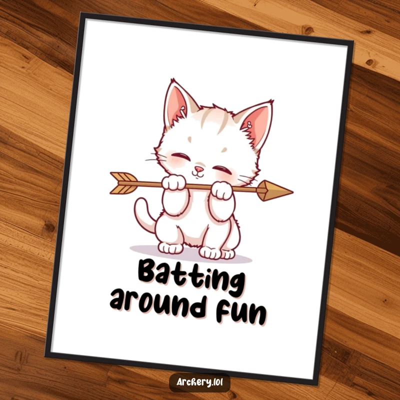 Funny poster art of a kitten playfully batting at an arrow, depicting adorable mischief and humorous interaction.