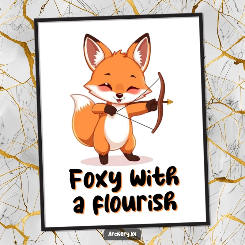 Funny playful fox poster, energetically twirling a bow and arrow, charming wall art, perfect for decor.