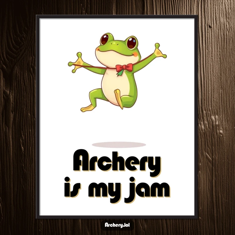 Funny poster artwork of an excited, bouncing frog mid-leap, holding a comically wobbly, flimsy bow.