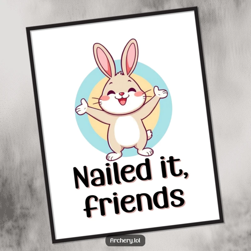 Funny poster art of a cheerful rabbit celebrating a bullseye hit with a bow nearby, showcasing humorous victory and accomplishment.