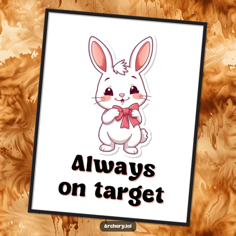 Funny rabbit archer poster showcasing a cheerful bunny smirking while drawing a bow, ideal for adding humor to wall decor.