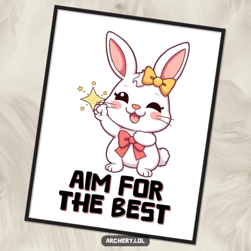 Funny poster artwork of a cheerful rabbit aiming a sparkly bow with an expression of pure joy, adding humor to any wall.