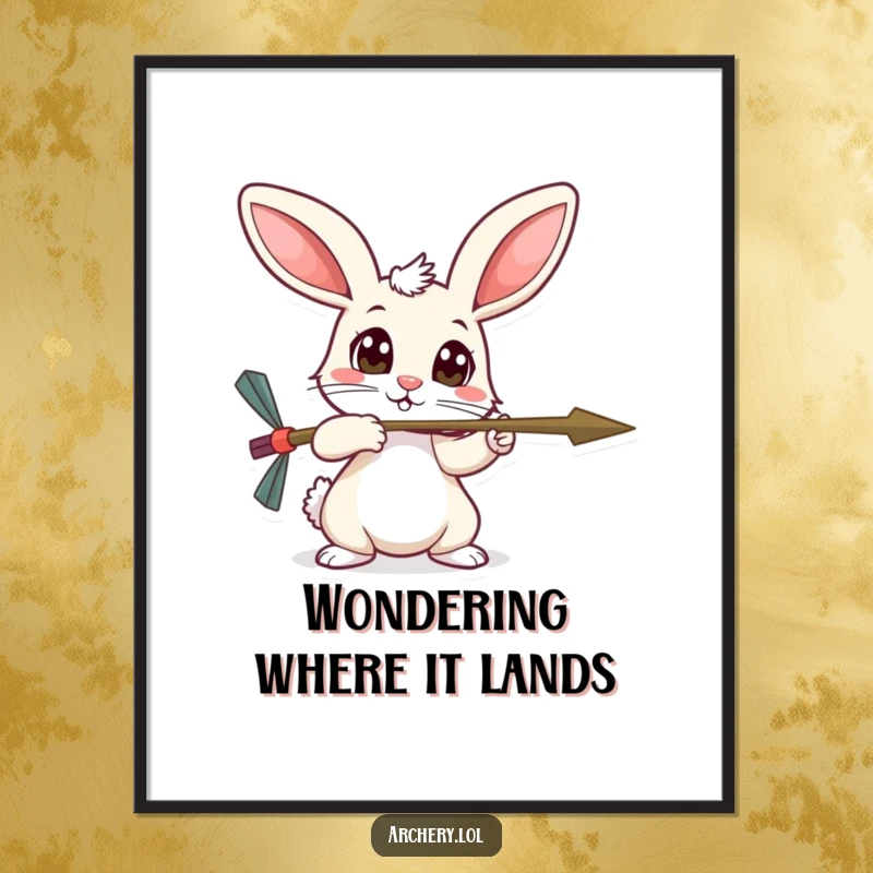 Funny timid rabbit poster, wide curious eyes, aiming an arrow with a timid yet determined look, cute art.