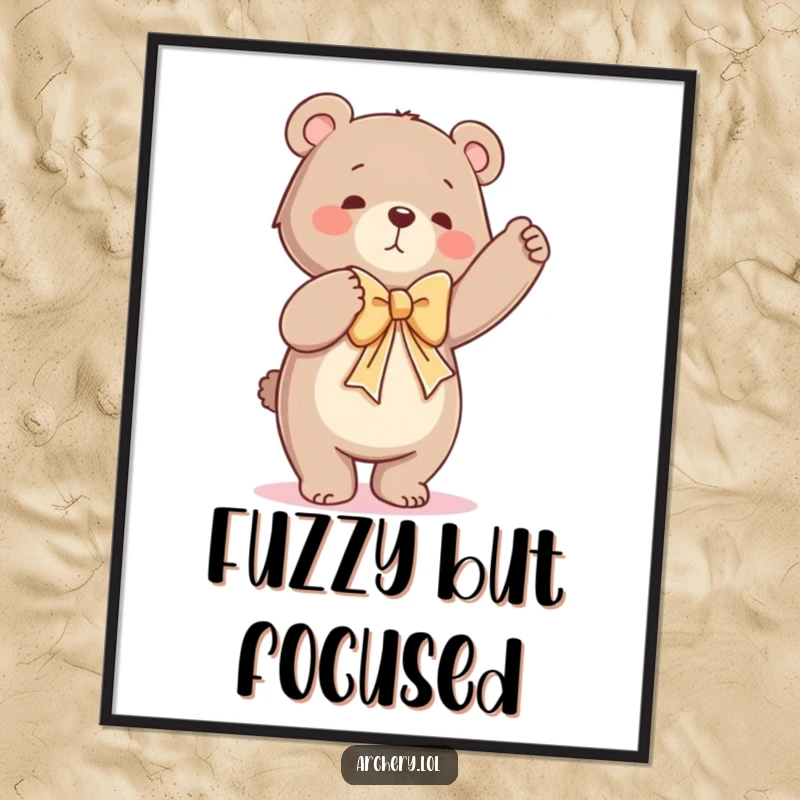 Funny poster art of a dancing bear straining to draw a very large bow, capturing a moment of intense and comical effort.