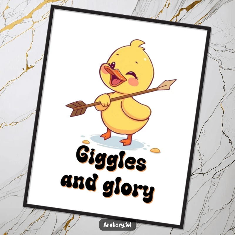 Funny duckling poster showing a giggling duckling chasing a flying arrow, artistic rendition of playful archery pursuit.