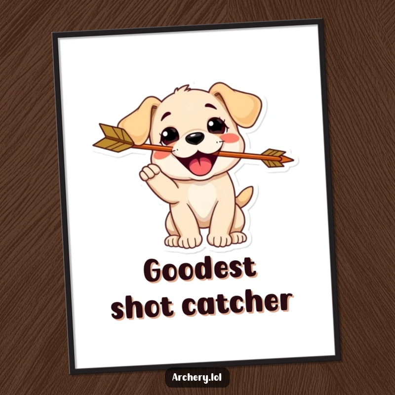 Funny Puppy Archer Poster: A delighted puppy catches an arrow in its mouth, offering cute and humorous wall art.