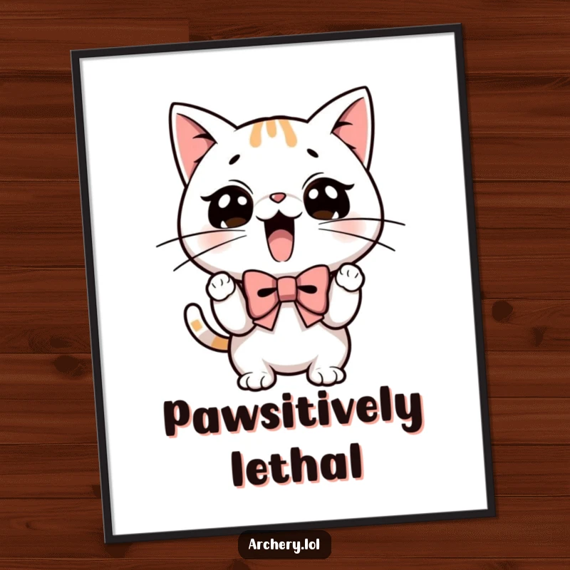 Funny poster artwork of a focused cat with determined whiskers, drawing a bow with artistic precision.