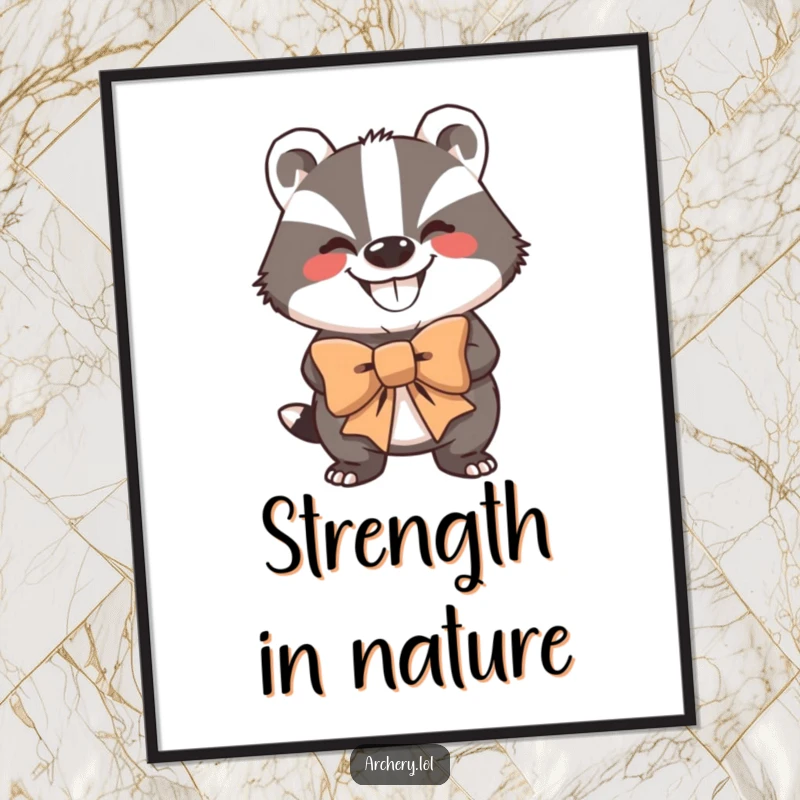 Funny Poster: A grinning badger holding a large bow, looking strong and ready to make a powerful statement.