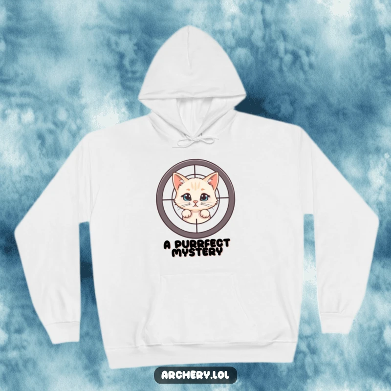 Funny Curious Cat Hoodie: A curious cat peeks from behind a target, ready for a humorous reveal.