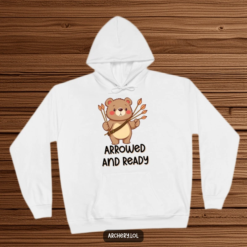 Funny bear hoodie depicting a proud bear holding a quiver of arrows, combining warmth with a hint of the wild.