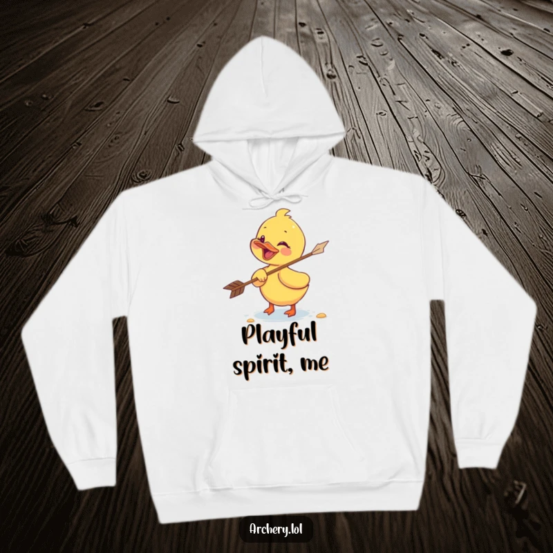 Funny duckling hoodie showing a giggling duckling enthusiastically retrieving a flying arrow, radiating warmth and playful energy.