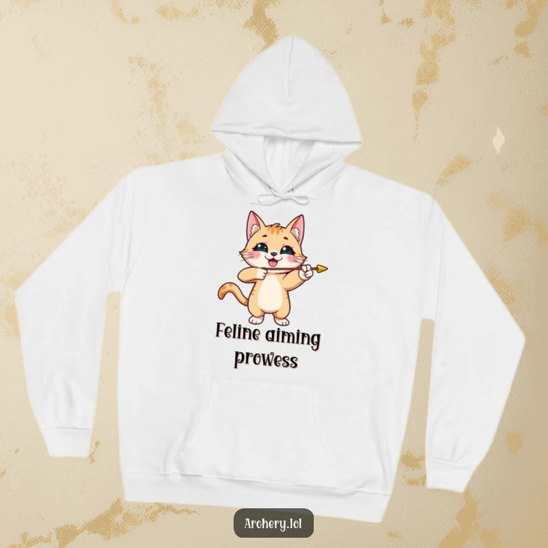 Funny cat archer hoodie showing a smiling cat aiming an arrow, cozy and humorous gift for cold weather.