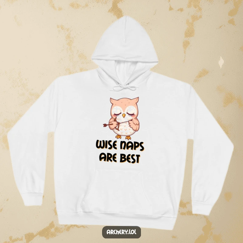 Funny hoodie design: A profoundly sleepy owl softly gripping a tiny bow and arrow.
