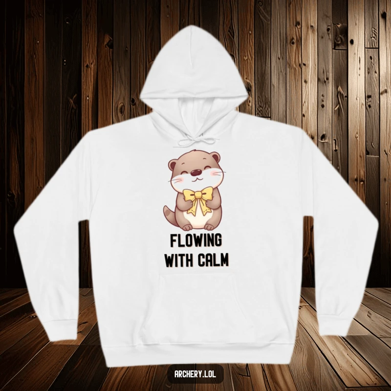Funny hoodie depicting a serene otter holding a decorative bow with a look of pure contentment.