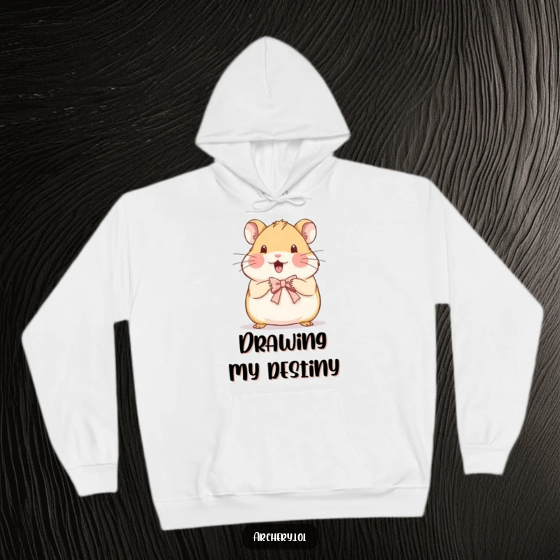 Funny hoodie depicting a beaming hamster meticulously drawing a very small, delicate bow with a happy expression.
