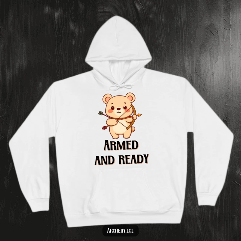 Funny hoodie with a smiling bear proudly holding a bow and arrow. Warm, comfortable, and humorous apparel.
