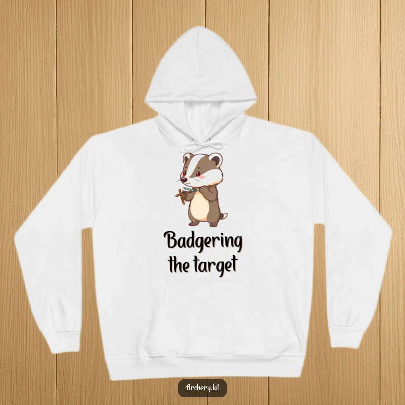 Funny hoodie featuring a brave badger in an alert stance, bow drawn taut, ready for anything with a humorous edge.
