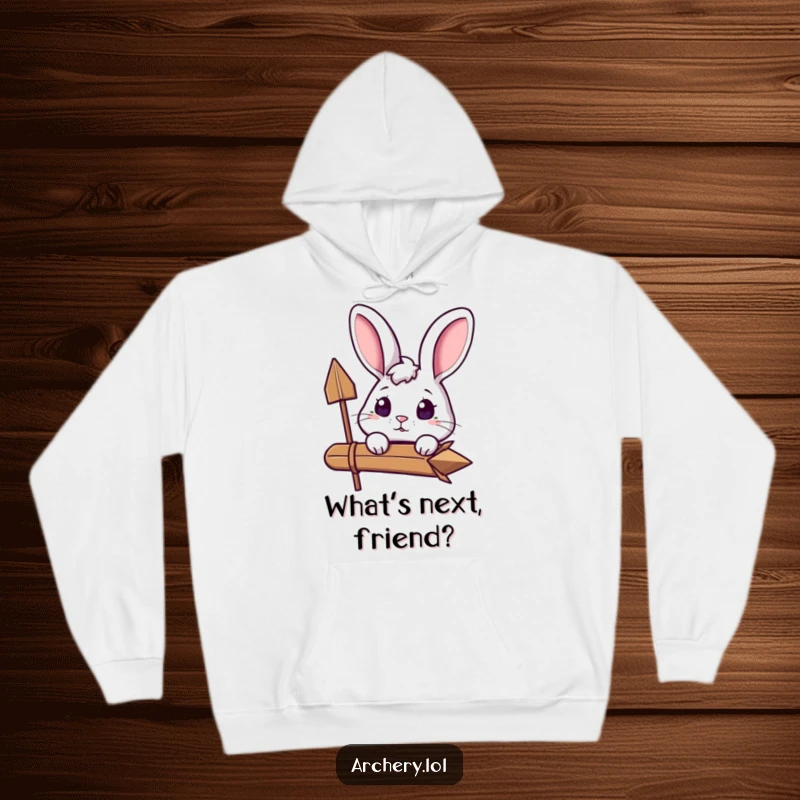 Funny Curious Rabbit Hoodie: An excited rabbit peeks over its arrow, embodying curiosity and cheerfulness on a warm hoodie.