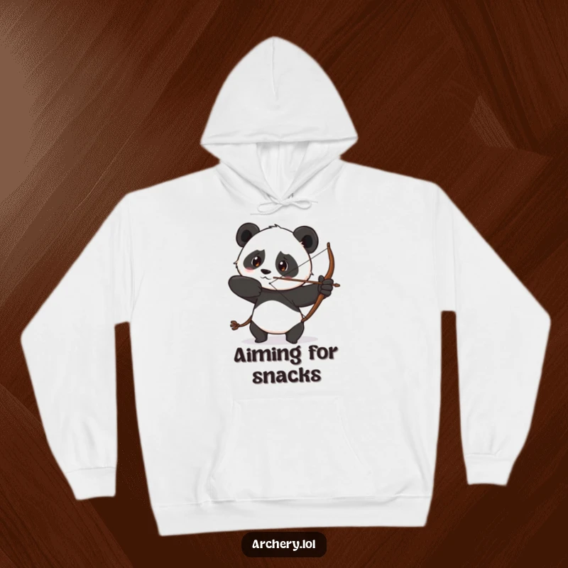 Funny hoodie featuring a determined panda drawing its bow with a focused gaze, radiating quiet intensity and humor.