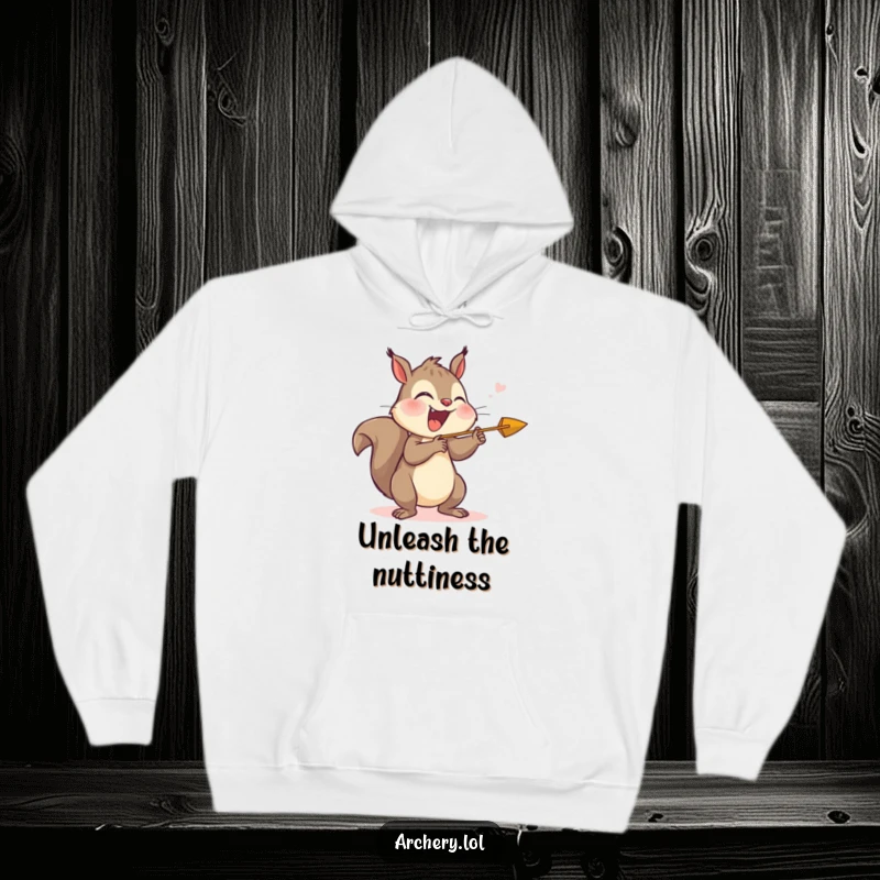 Funny hoodie illustration of a giggling squirrel joyfully launching an arrow, a perfect cozy and funny gift.