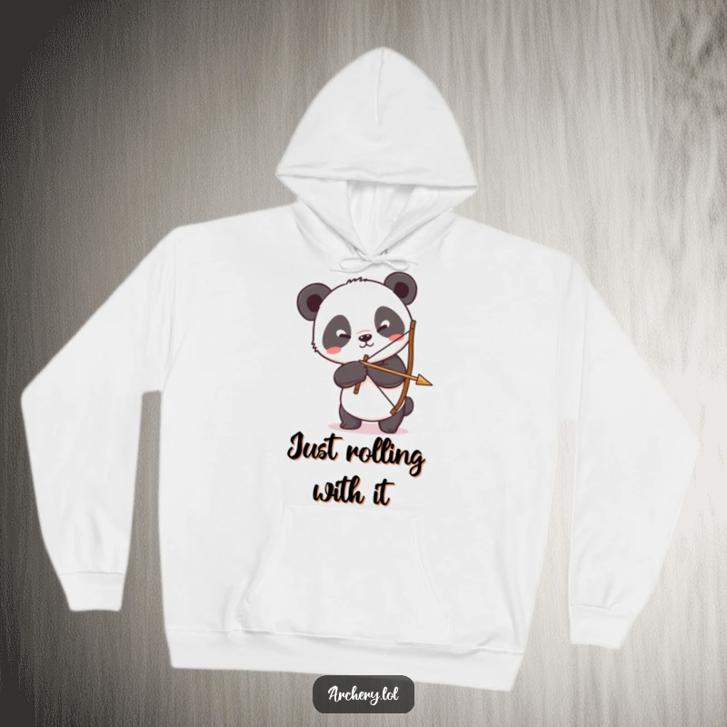 Funny Panda Archer Hoodie: A silly panda comically attempts to hold a bow and arrow, radiating humor.