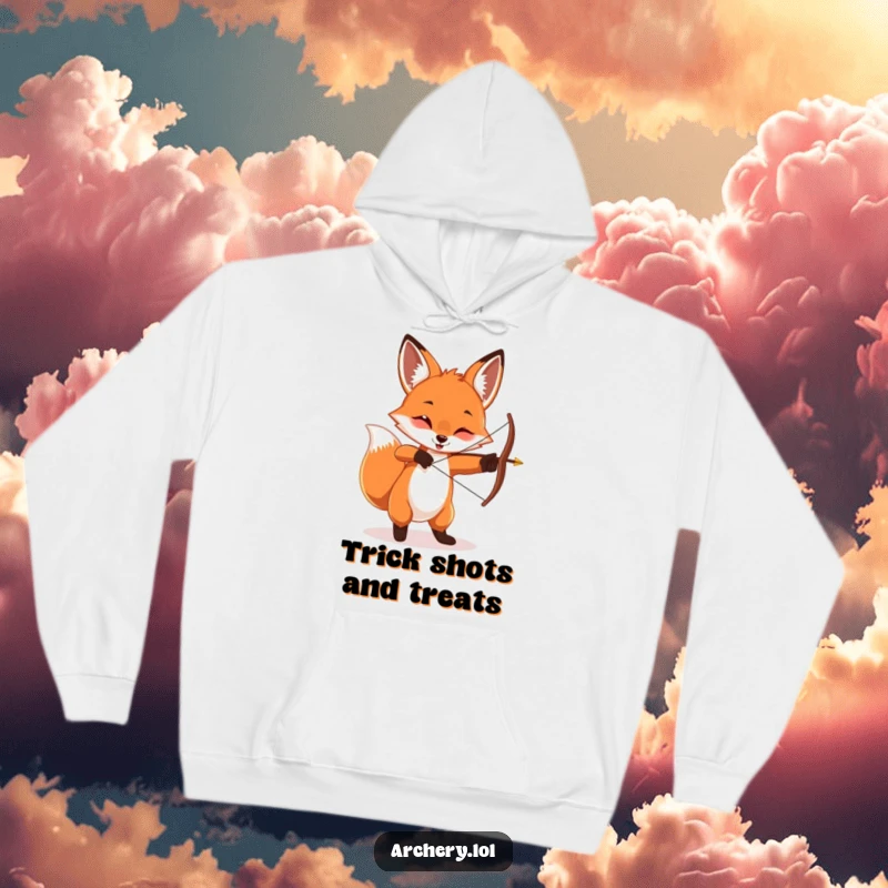 Funny playful fox hoodie, energetically twirling a bow and arrow, cozy and warm, perfect for chilly days.