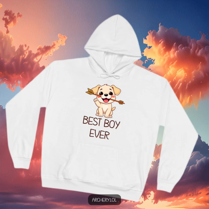 Funny Puppy Archer Hoodie: A delighted puppy catches an arrow in its mouth, a funny and adorable gift.