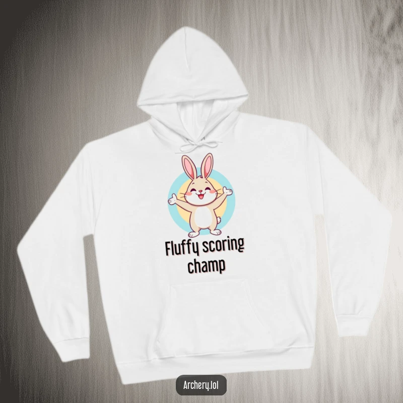 Funny hoodie featuring a cheerful rabbit celebrating a bullseye with a bow, offering cozy humor and a triumphant vibe.