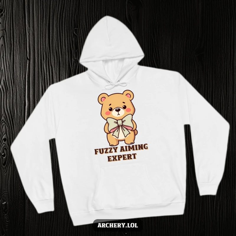 Funny hoodie depicting a determined bear holding a large bow, ready to shoot, with a humorous and cozy feel perfect for any archer.