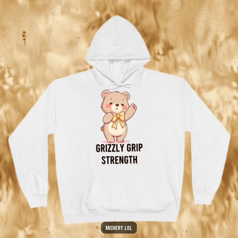 Funny hoodie graphic of a dancing bear straining to draw a huge bow, illustrating a comical, high-effort moment.