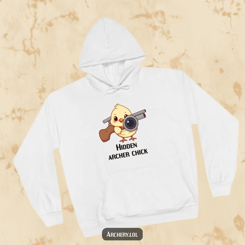 Funny hoodie with a curious chick peeking from behind an arrow quiver, offering cozy humor and a cute archery theme.