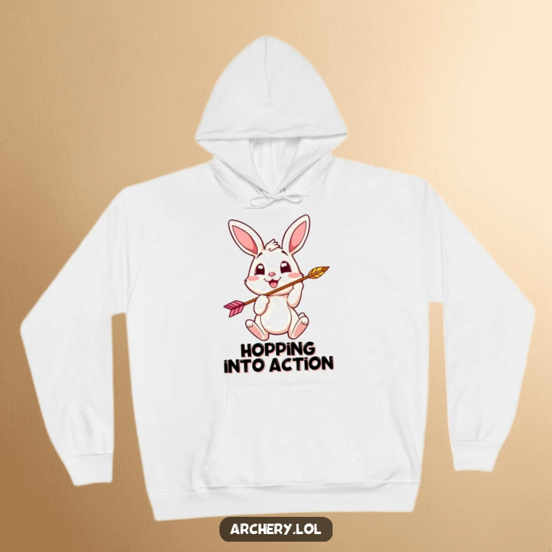 Funny bunny archer hoodie with a cheerful bunny nocking an arrow, perfect for a cozy, humorous gift.
