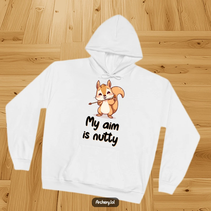 Funny squirrel archer hoodie with a playful squirrel comically missing the target, perfect for a humorous gift.