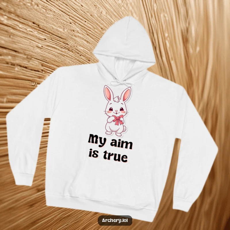 Funny rabbit archer hoodie showing a cheerful bunny with a playful smirk, drawing a bow, perfect for cozy and humorous occasions.