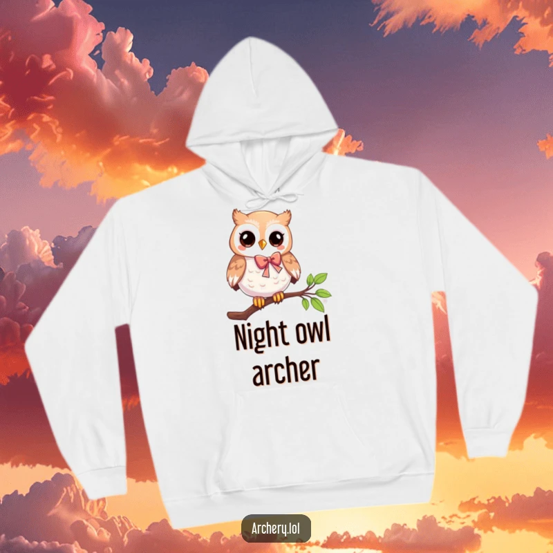 Funny hoodie with a playful owl perched on a branch, holding a bow and arrow, offering cozy humor for bird lovers.