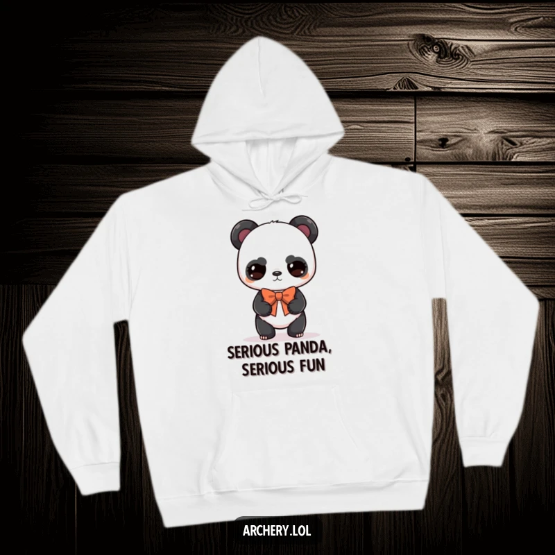 Funny panda archer hoodie featuring a serious but cute panda balancing a bow, a warm and humorous gift.