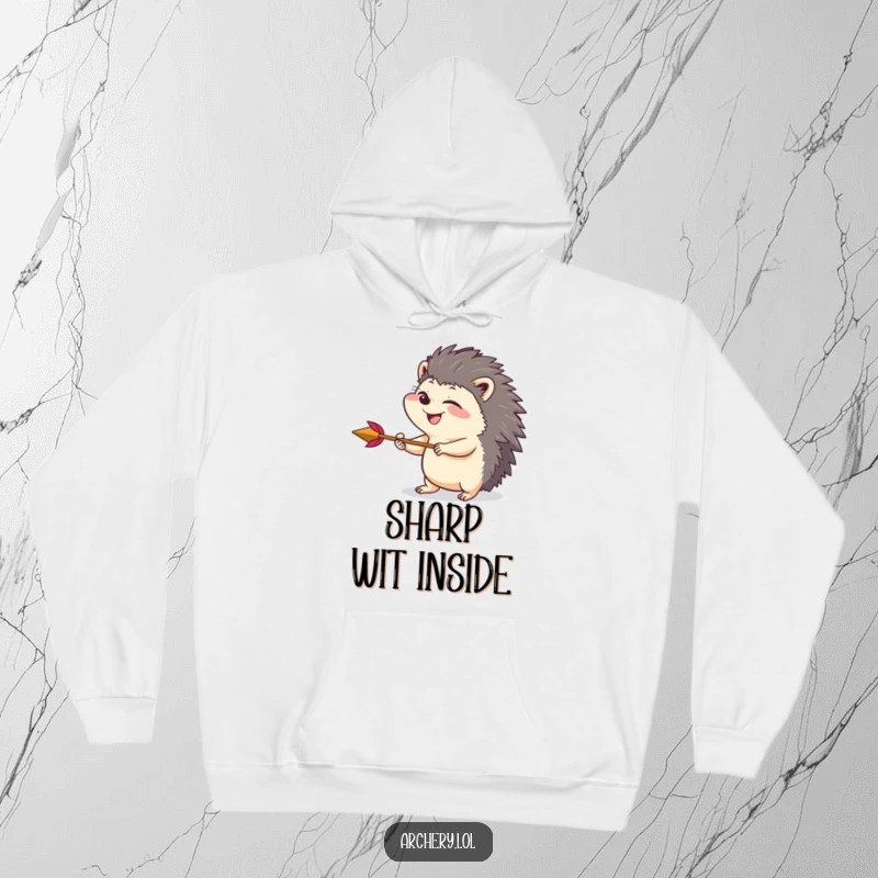 Funny hoodie depicting a giggling hedgehog drawing back an arrow with playful intensity, offering warmth and a dash of mischievous fun.