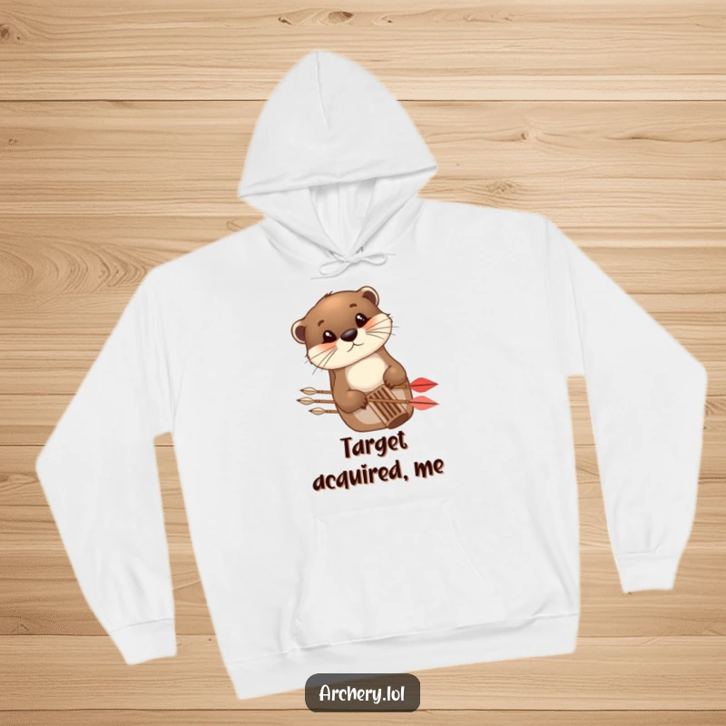 Funny Hoodie with a curious otter peeking from behind an arrow quiver, perfect for cozying up after archery.