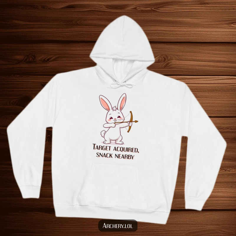 Funny hoodie with a smiling bunny holding a drawn bow, ready to shoot. Comfortable and humorous apparel, ideal funny gift.