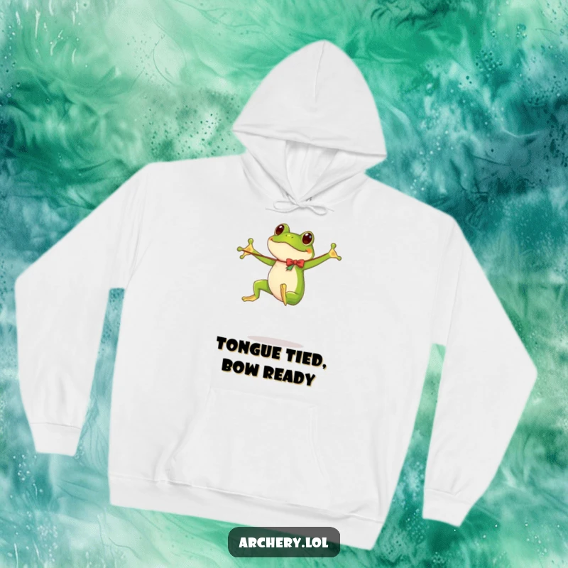 Funny hoodie design: A frog energetically bouncing while holding an oversized, flimsy bow.
