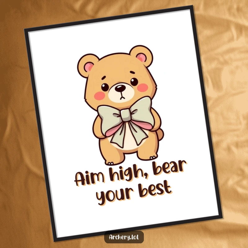 Funny Free Printable Wall Art: A determined bear steadies a comically large bow, adding humor to your decor. Downloadable art.