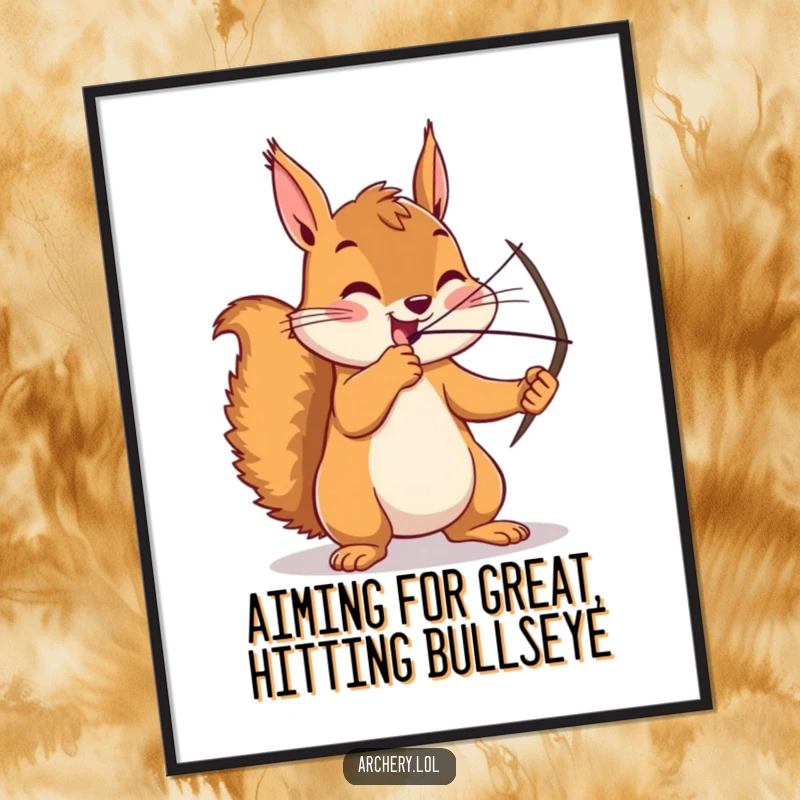 Funny Free Printable Wall Art: Enthusiastic squirrel aiming a bow and arrow with intense focus, a humorous nature-themed illustration.