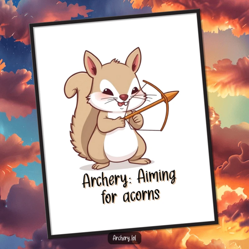 Funny Free Printable Wall Art: Determined squirrel warrior poised with a tiny bow and arrow, ready for action, ideal for quirky home decor.