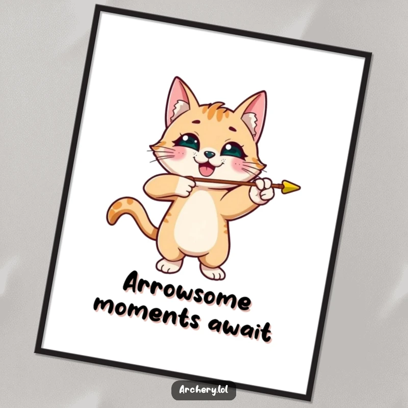 Funny Free Printable Wall Art: A smiling cat fiercely shoots an arrow with enthusiastic, playful intent.